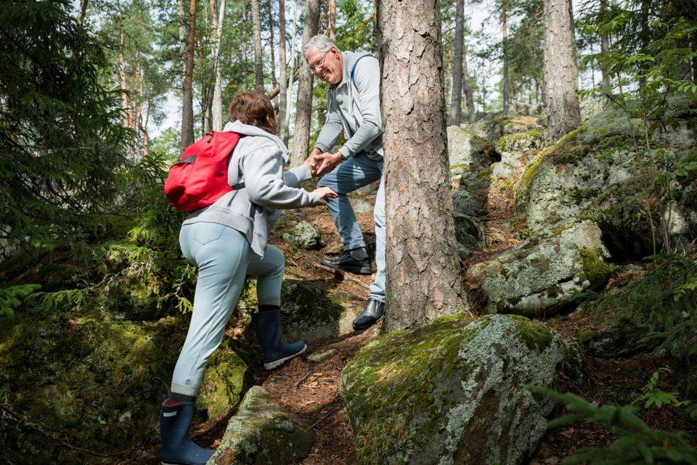 Iäkäs pariskunta patikoimassa kuusimetsässä.