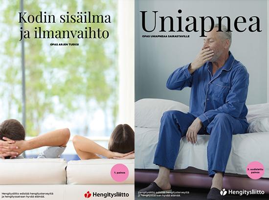 Kuvat Hengitysliiton Kodin sisäilma ja ilmanvaihto- ja uniapneaoppaiden kansista.