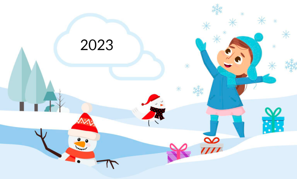 Joulukampanja 2023 kuvassa talvinen maisema, lumiukko ja hymyilevä tyttö