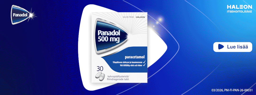 Panadol 500 mg -lääkepakkaus valkoisen lappeellaan olevan kolmion päällä sinisellä taustalla. Vasemmalta alkaen hiukkasiksi hajoava tabletti ja teksti, jossa kerrotaan tabletin alkavan hajota viiden minuutin kuluessa. Vasemmalta alkaen hiukkasiksi hajoava tabletti ja teksti ainutlaatuisesta Optizorb-teknologiasta. Vatsalaukkua kuvaava symboli ja teksti hellävaraisuudesta vatsalle. Naurava nainen, jonka takana on hymyilevä tyttö; etualalla on numero yksi ja tieto siitä, että kyseessä on Suomen ostetuin parasetamolimerkki. Panadol 500 mg -lääkepakkaus ja teksti, jossa kerrotaan tuotetta saatavan apteekista.