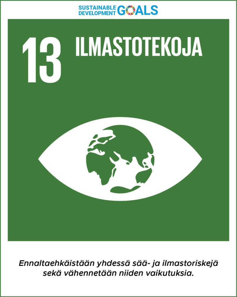 Tavoite 13: Ilmastotekoja. Ennaltaehkäistään yhdessä sää- ja ilmastoriskejä sekä vähennetään niiden vaikutuksia.