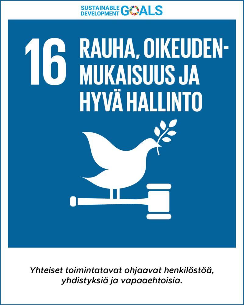 Tavoite 16: Rauha, oikeudenmukaisuus ja hyvä hallinto. Yhteiset toimintatavat ohjaavat henkilöstöä, yhdistyksiä ja vapaaehtoisia.