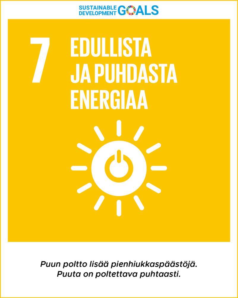 Tavoite 7: Edullista ja puhdasta energiaa. Puun poltto lisää pienhiukkaspäästöjä. Puuta on poltettava puhtaasti.