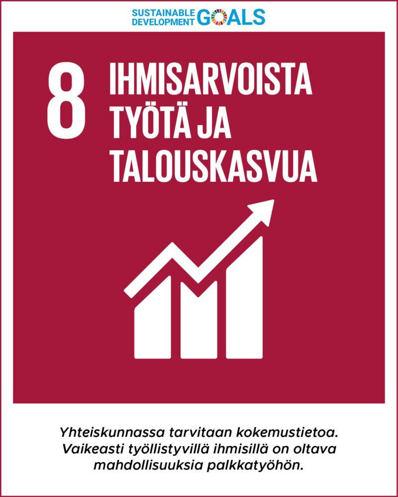 Tavoite 8: Ihmisarvoista työtä ja talouskasvua. Yhteiskunnassa tarvitaan kokemustietoa. Vaikeasti työllistyvillä ihmisillä on oltava mahdollisuuksia palkkatyöhön.