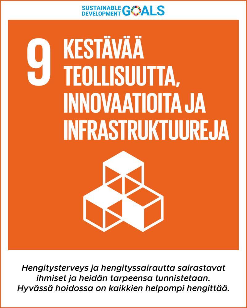 Tavoite 9: Kestävää teollisuutta, innovaatioita ja infrastruktuureja. Hengitysterveys ja hengityssairautta sairastavat ihmiset ja heidän tarpeensa tunnistetaan. Hyvässä hoidossa on kaikkien helpompi hengittää.